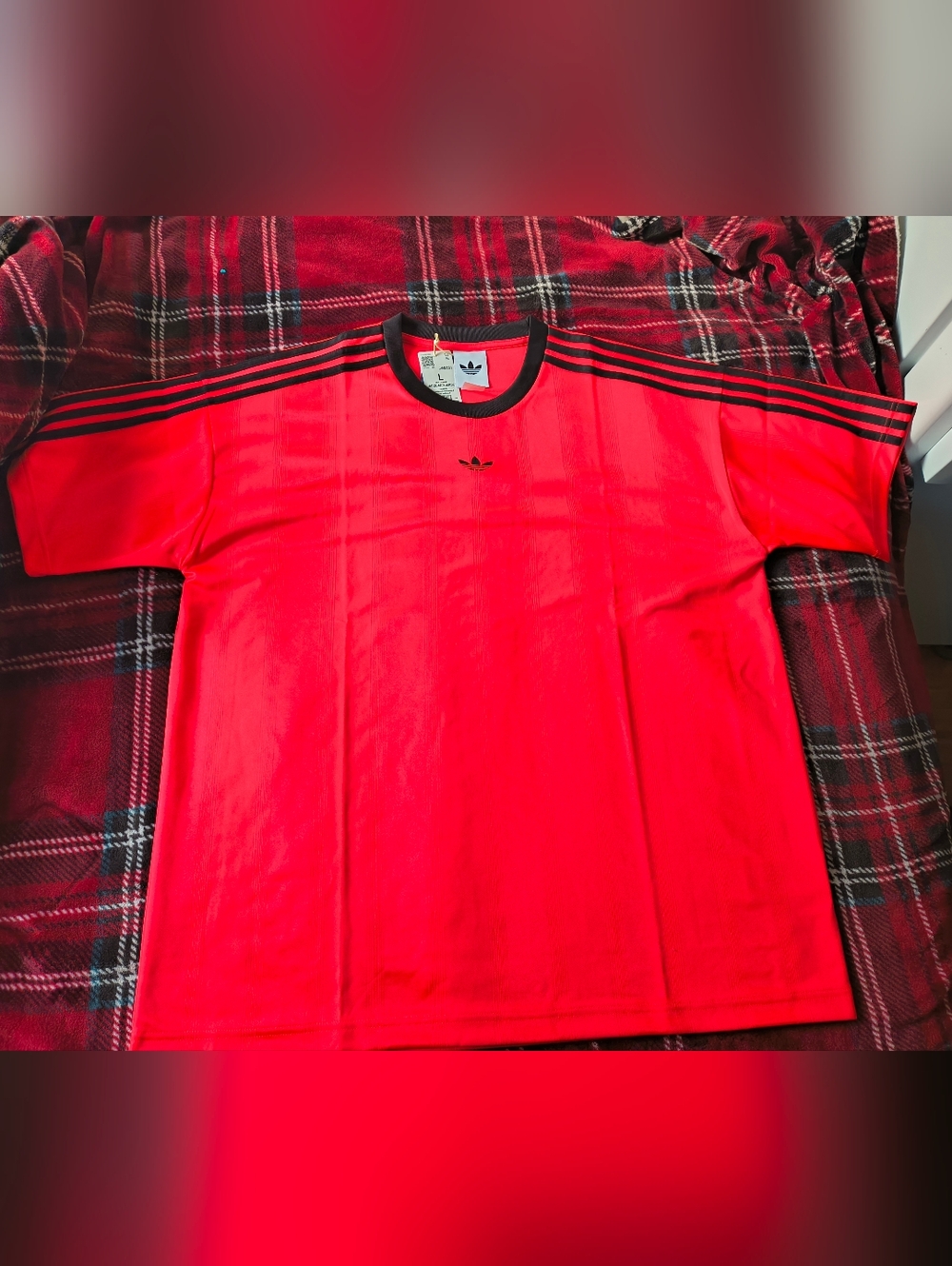 Adidas Jacquard Jersey Mens L Lucid Red Black Stripes Shirt NWT